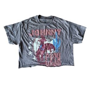 Johnny Cash Band Tee Cropped Cut Medium Brown Music Country Outlaw Short Sleeve